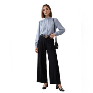 Vintage Lee Mar Gray silk sheer Secretary blouse turtle neck Band collar Spring